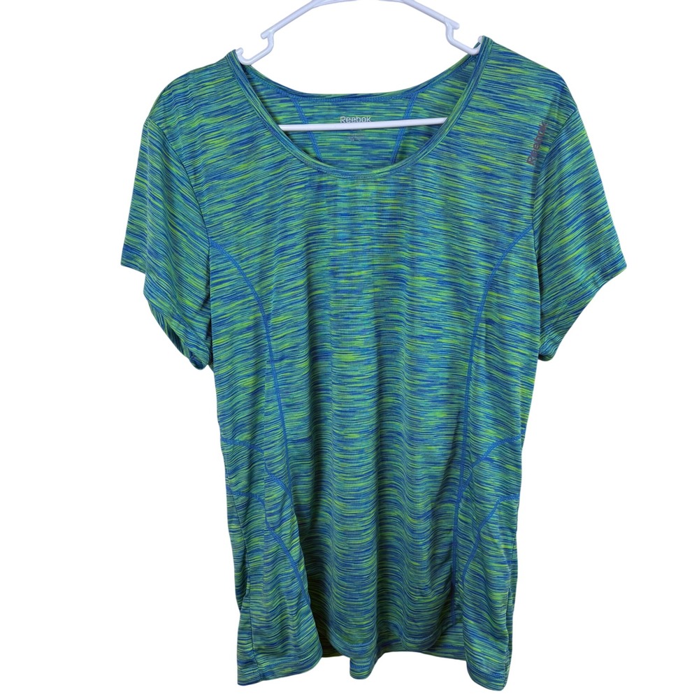 Reebok Activewear Top Women's 1X Blue Green Space Dye Short-Sleeve Scoop Neck
